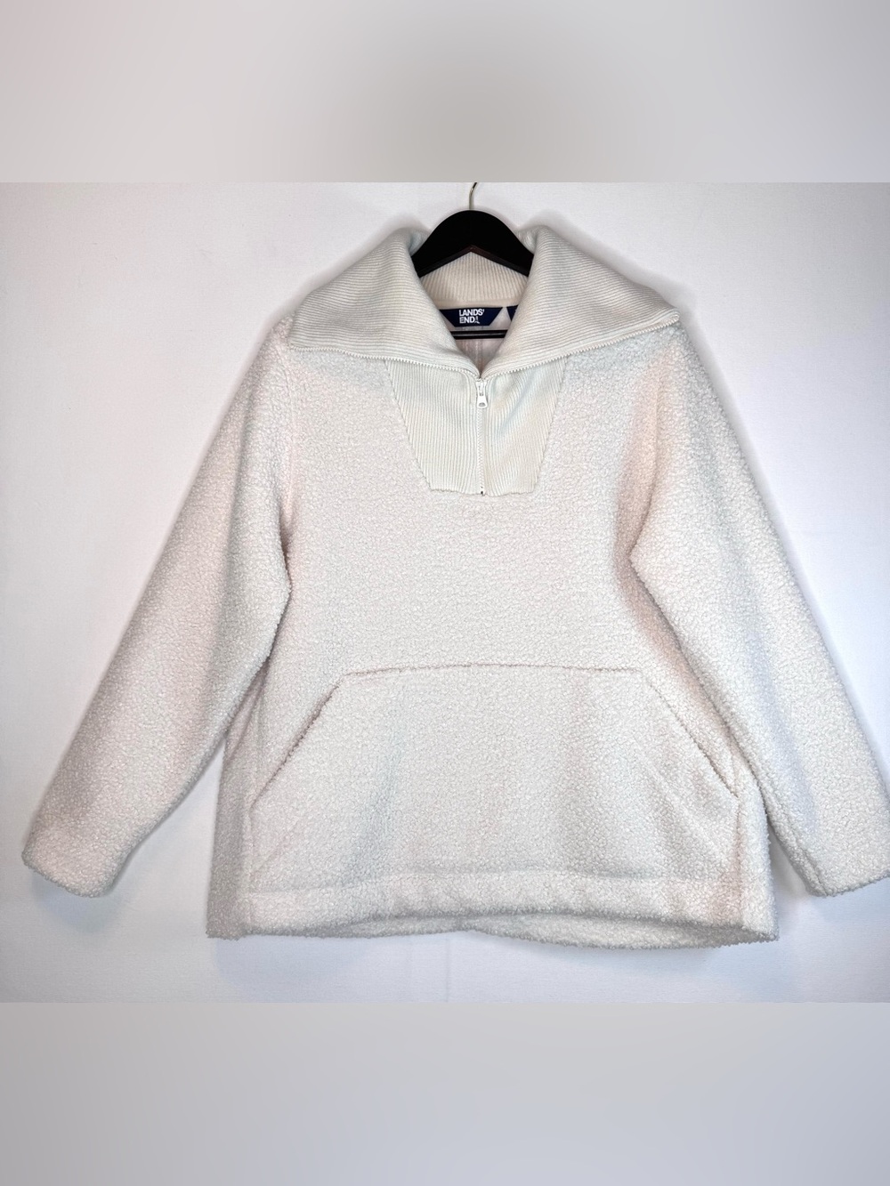 Lands End Cozy Boucle Fleece 1/4 Zip Pullover Jacket Sweater Cream Sz L (14-16)